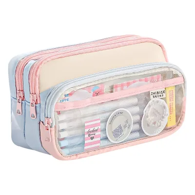 Large Capacity Multifunctional Japanese Style Stationery Bag Color Block Creative Transparent Pencil Case High Aesthetic Appeal