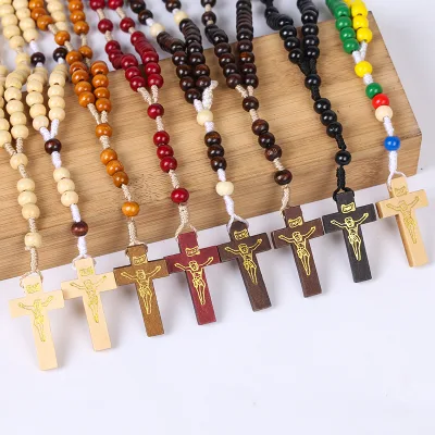 Catholic Prayer Beads Christian Rosary Beads Brown Wooden Beads and Jesus Crucifix Catholic Corded Necklaces Chain for Gift