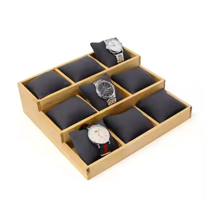 Wholesale Custom Dark Gray Solid Wood 3-layer 9-Position Pillow Tray Watch Bracelet Display Props for Jewelry Rack