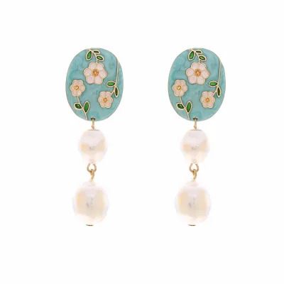 Vintage Style Long Enamel Flower Baroque Pearl Pendant Earrings Sweet Oil Droplets Small Flower Splicing Earring