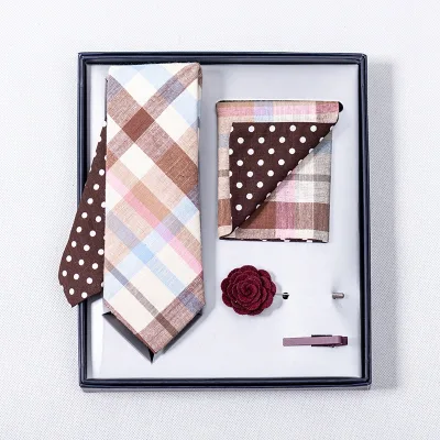 Custom Mens Toffee Plaid With Sky Blue Necktie Bowtie Pocket Square Sets Wedding Tie Gift Box Set Manufacturer
