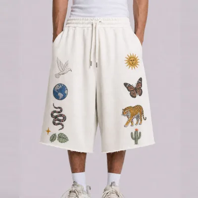 Blank French Terry Cotton Custom Embroidered Cargo Baggy Shorts Men Customized Cut off Raw Hem Design 3/4 Sweatpants Shorts