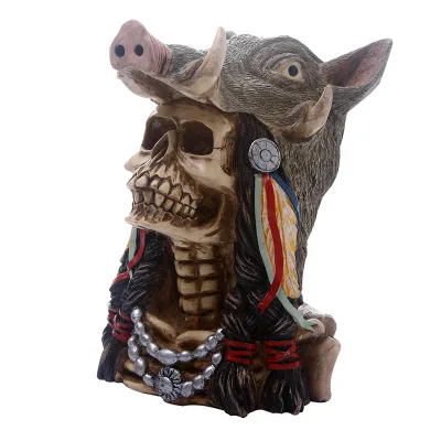 Tusk Tush Pig Skull Head Desktop Ornament 3D Animal Wild Boar Sculpture Figurines Crafts Human Skull Halloween Party Decor