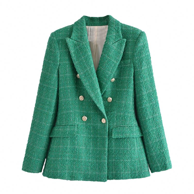 High Quality Elegant Style 2 Color Double Breasted Long Sleeve Notched Collar Casual Tweed Ladies Blazers for Women