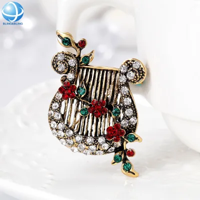 Vintage Rhinestone Harp Brooch Old Gold Plated Crystal Instrument Lapel Pin for Musician Gifts