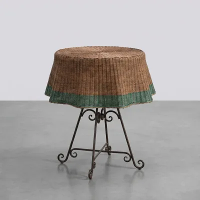 Round Natural Rattan Patio Table with Green Trim & Ornate Bronze Metal Legs