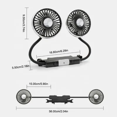 Car 2-head Cooling Fan 360 Degree Neck Rotation USB Silent with Light Powerful Fan 3-speed Car Cooler Car Rear Seat Headrest Fan