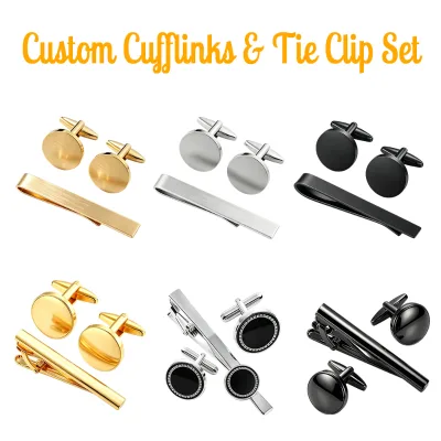 Men Round Cufflinks and Tie Clip Set Multi-color Blank Engravable Metal Cuff Links Business Formal Suit Shirt Accessories Gift