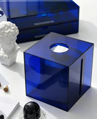 Klein Blue Transparent Square Acrylic Tissue Box Side Loading Napkin Holder for Home Office Desktop Vanity Decor