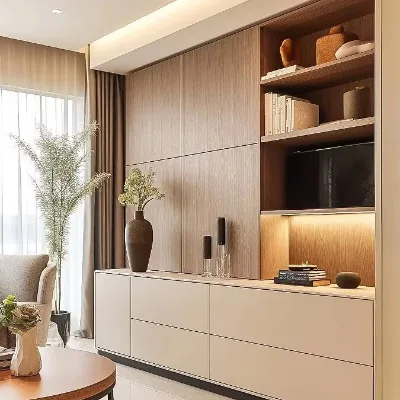 Dining Sideboard Cabinet Wood Grain Wall Unit White Base Storage Drawers LED Light Open Shelves Handleless Design for Home