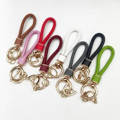 High Quality Leather Rope Keychain Woven PU Keychain Zinc Alloy Buckle Head Keyring Car Key Pendant in Stock