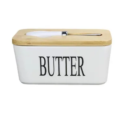 Factory Large Cream Stoneware Butter Dish Kitchenware Rectangle Butter Box Ceramic with Knife
