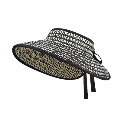 Women's All-Match Striped Empty Hat Character-Style Raffia Straw Sunshade Foldable for Outdoor Vacation