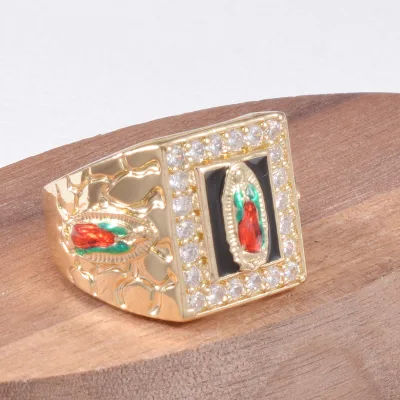 Beverly High Quality Religious Guadalupe Virgin Mary Ring 14k Gold Layer Brass With Cut Zircon Inlay Multi-size for Gift