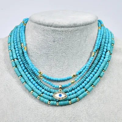 Turquoise Gemstone Beaded Necklace Boho Vintage Handmade Blue Turquoise Choker Necklace for Women
