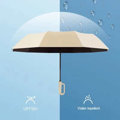 Custom Logo Double-Bone Automatic Folding Ring Hook Umbrella 8K Frame Black Coated Triple Folding Fully-Automatic Control