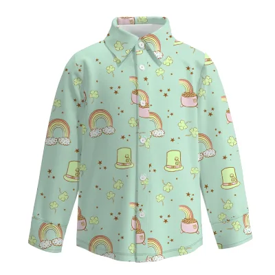 ST Patrick's Day Kids Boys Casual Long Sleeve T-Shirt Four-Way Stretch Fabric Shamrock Hat Rainbow Truck Print Button Tee for