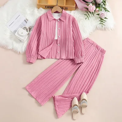 Children Clothing Solid Casual Long Sleeve Set 8-12Years 2 Piece Suit Kids Girl Clothing Set