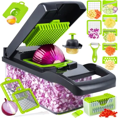 Wholesale Yuou 16-Piece Manual Green Eco-Friendly Stainless Steel Blade ABS Multifunction Vegetable & Onion Chopper