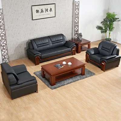 Commercial Office Reception Black Leather Sofa Set Visitor Waiting Lounge Sofa for Company Lobby