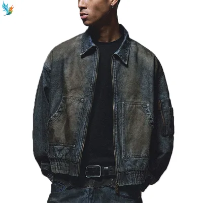 Custom Duck Canvas Boxy Bomber Work Zipper up Distress Dirty Wash Vintage Denim Jacket