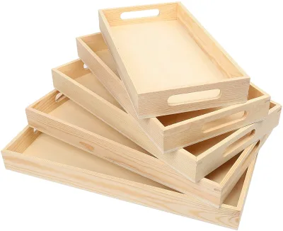 Wooden serving tray, unpolished natural wooden tray with handle for hand transport, restaurant kitchen food storage box