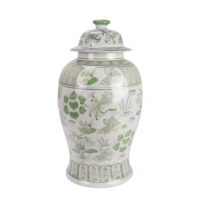 RXAE-FL22-313G Green Fish Lines and Flower Patterns Ceramic Large Pot Lidded Ginger Jar