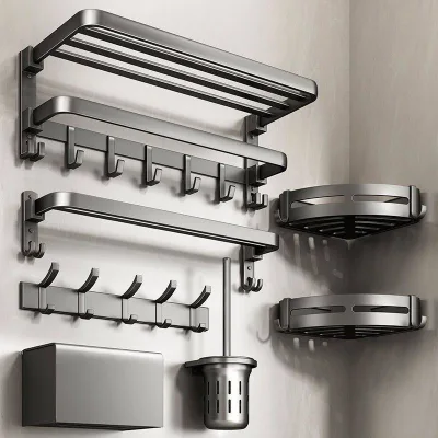 Gun-gray Space Aluminum Drill-Free Light-Luxury Style Wall-Mounted Towel Rack Set with Bathroom Shelf 595mm