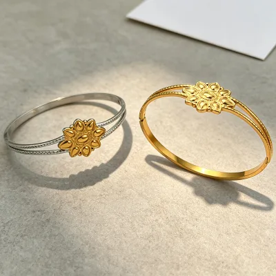 Women's Vintage Lotus Bangle 18K Gold Plated Silver Two Tone Double Loop Thin 304 Stainless Steel Jewelry for Party Occasions