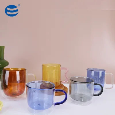 Double Wall High Borosilicate Glass Coffee Mug with Creative Irregular Handle, Heat Resistant Multi-color Drinking Water Cup