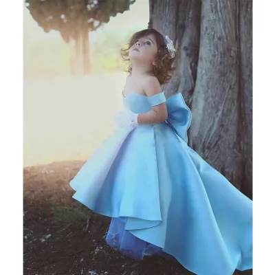 High Low Satin Modest Blue Wholesale Flower Girl Dresses