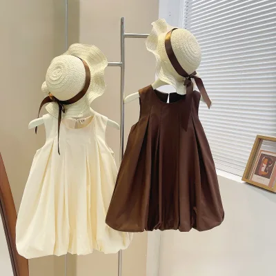 Summer Dress New French Simple Foreign Style Princess Dress Girl Solid Color Pleated Flower Bud Temperament Vest Dress