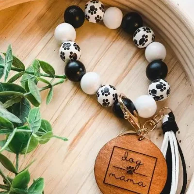 Cute Wooden Bead Print Custom Paw Print Wristband Bracelet Key Ring