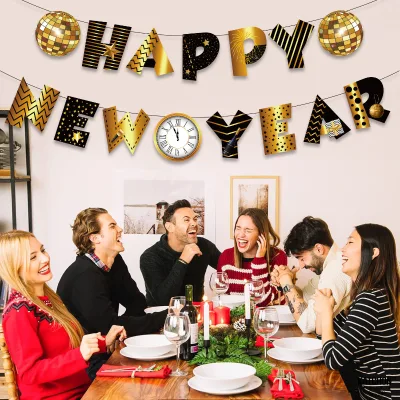 Customization Happy New Year Banner Party Decorations Gold Stamping Paper Banner for New Year Theme Party Supplies