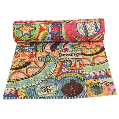 Indian Handmade PatchWork Cotton Kantha Quilt Queen Bedspreads Throw Blanket (Multi Floral) Bedspread Patch Quilt Bed Cover