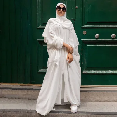 Ashuclman Custom Summer Woman Muslim White Dubai Crepe Butterfly Abaya With Khimar