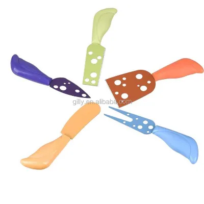 Wholesale Colorful 5pcs Nonstick Cheese Knife Set with Soft Hard Cheese Knives Slicer Cutter Fork Spreaders