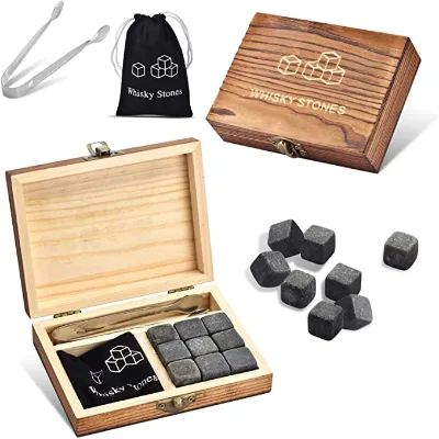 JUNJI Whiskey Stones Whiskey Stone Gift Set 9 Granite Whisky Rocks Burbon Gifts Cool Presents for Men Dad Husband Boyfriend