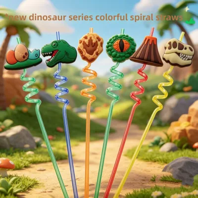 Dinosaur-themed Food-Grade Reusable Spiral Straws (PET Material)-Ready Stock Wholesale Cross-Border Platforms for AliExpress