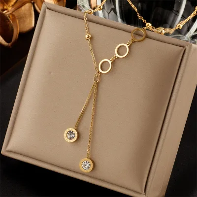 Premium Titanium Steel Necklace - Diamond Circle Pendant with Long Tassel, Hypoallergenic Women's Jewelry