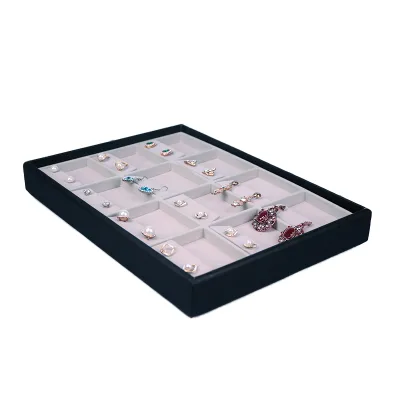 Elegant Luxury Stackable 12 Grids Black PU Leather Velvet Insert Rings Earrings Jewelry Organizer Tray for Retail
