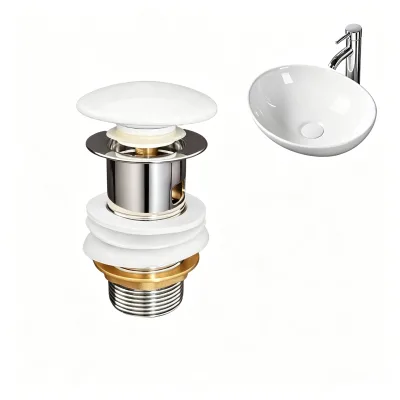 Ceramic Basin Drainer Bathroom Sink Pop up Drain Water Stopper Pop up Waste Ceramic Cover With Stainless Steel Overflow