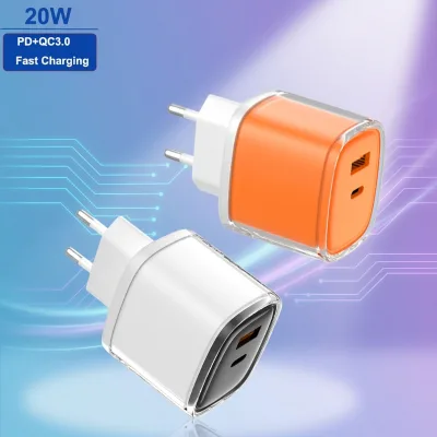Factory Charger 20W Dual Port GaN Crystal Fast Charger PD QC3.0 A+C Adapters for Xiaomi, Iphone, Huawei Smartphones Tablets