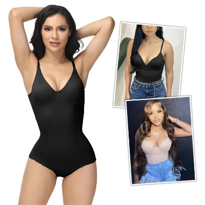 For Women Scrunch Abdominal Shapewear Tummy Control Ice Silk Fabric Body Shaper with Push up Underwire Cupped Bra Bodysuit