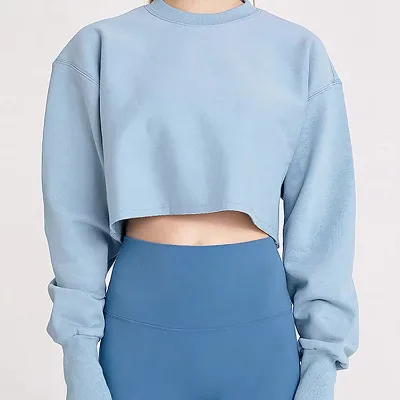 Custom Logo 100% Cotton Oversized Short Crop Hoodie Women Pullover Sweatshirt Crop Top Pullover Long Sleeve Fitness Gym Wear