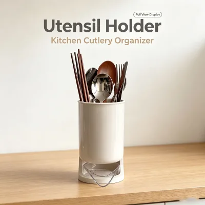 White Draining Utensil Caddy with Removable Water Tray for Camping Kitchen Counter Chopstick Storage Rack