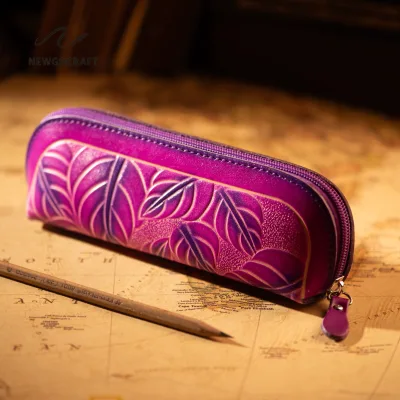 Cute Multi-Functional Leather Zipper Pencil Case in Leaf Design Low Price Wholesale for Girls Promotional Pen Holder