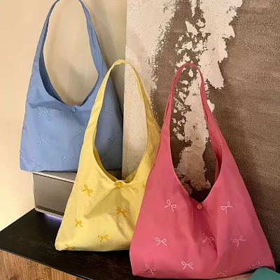 Hot Sale Embroidered Bow Large Capacity Tote Bag Leisure Unique Cute Canvas Sling Tote Shopping Bags