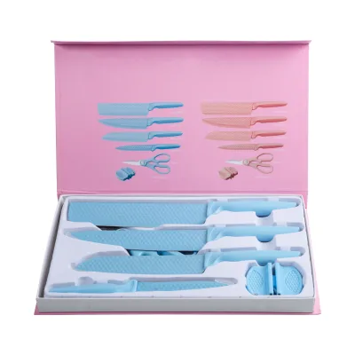 Factory Supply Macarons Blue Non-Stick Coating 6-Piece Set of Colorful Stainless Steel Kitchen Knives with Gift Box for Cutting