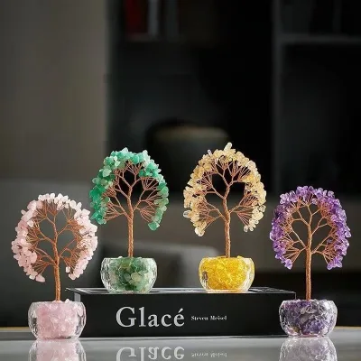 Honor of Crystal Natural Crystal Money Tree Handmade Glass Base Money Tree for Decoration and Gift